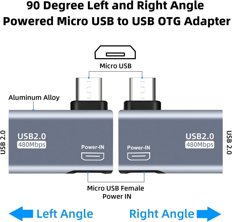 AreMe 2 Pack OTG Cable Adapter for Fire TV Stick 4K, 90 Degree Left and Right Angle Powered Micro USB to USB OTG Adapter for Android Phone Tablet and More Host Devices with Micro USB (Grey) - Image 2